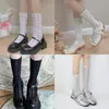 Meias femininas de primavera e verão finas com renda e felpa meias JK com laço meias de cano médio de renda em rede Lolita