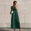 Estilo Verão 2026 Novo Vestido Colete Francês de Algodão e Linho para Mulheres Férias Casual Verde Fenda Alça Longa Saia Roupas Femininas