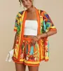 2026 Verão Transfronteiriço Novo Estilo Europeu e Americano Estampado 3D Casual Feminino Cardigã de Manga Curta Conjunto de Shorts Roupa de Férias para Praia