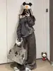 Calça larga estilo retrô americano com estampa de leopardo, nova coleção de outono, cintura alta, caimento solto, calça comprida casual, perna reta relaxada, design até o chão