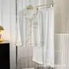 Pijama de Manga Larga para Mujer Primavera y Otoño Color Sólido Simple Encaje Patrón de Trigo Usable Afuera Conjunto de Ropa de Casa para Niñas