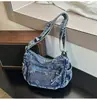 Bolsa Transversal Jacquard Vintage Azul Índigo Multicamadas, Bolsa de Ombro Street Casual Elegante e Descolada para o Dia a Dia