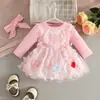 Vestido Romper de Malha Patchwork Borboleta para Bebê Menina Outono Inverno Novo Tecido de Malha Cor Sólida Manga Longa Franzido Renda