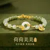 Pulseira de Flor de Lótus e Jade Hetian para Mulheres Prata S925 Pulseira de Lótus e Jade Luxo Leve Novo Estilo Chinês Presente de Feriado