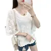Tops de Hada para Mujer 2025 Primavera Nuevo Estilo Blanco Súper Hada Aspecto Adelgazante Estilo Occidental Blusa Cintura Encaje Murciélago Camisa