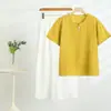 Traje de Pantalón Corto de Manga Corta de Algodón y Seda con Cuello Redondo para Mujer 2025 Camiseta Fresca Transpirable Elástica para Mujer Pantalón con Botones