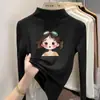 Camiseta básica de cuello alto a media altura para niña de dibujos animados, nuevo estilo primavera/otoño/invierno, top de manga larga con forro polar para niños de talla mediana y grande