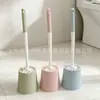 Cepillo para inodoro de color macarrón con base, cepillo de limpieza para baño del hogar de mango largo