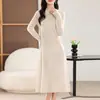 Vestido Suéter Tricô 100% Lã Pura Gola Alta Vazado Florido Feminino Forro Suave Longo Solto e Modelador Cobrindo