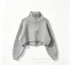 Suéter curto de gola alta com zíper parcial estilo coreano para mulheres, caimento solto, canelado, para baixinhas, cintura alta, cropped, top de tricô pullover para usar como peça externa