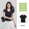 Camiseta de Manga Corta Ajustada para Mujer de Tencel Lyocell, Color Sólido, Top Casual Simple con Cuello Redondo