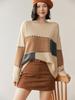 Suéter de Cachemir con Cuello Medio Alto, Doble Hilo, Bloques de Color para Mujer 25 Diseño Otoño e Invierno Holgado Suave Cera Tejido Pulóver Suéter Camisa Base