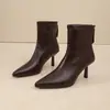 Botas femininas elegantes estilo francês, cor sólida, salto alto fino, sexy e fashion, versáteis, com zíper traseiro, bico fino, estilo outono