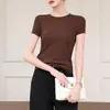 Camiseta Minimalista Canelada com Gola Redonda para Mulheres, 260g, Manga Curta, Simples, Corte Justo, Valoriza a Silhueta, Peça de Sobreposição, Gola Pequena, Camiseta Básica