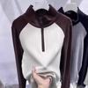 Camiseta de Manga Larga con Media Cremallera de Terciopelo Doble Cara para Otoño e Invierno, Nueva Prenda Base Estilo Coreano, Cuello Alto, Color Contrastante, Top Interior Cálido para Mujer