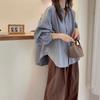 Camisa holgada con mangas abullonadas y rayas de otoño, prenda informal pequeña, estilo japonés, cuello alto pequeño para mujer