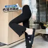 Calça de alfaiataria de renda boca de sino preta para mulheres, novo estilo de verão, calça de cintura alta reta de perna larga, calça boca de sino cropped casual