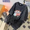 Camiseta de Manga Corta Lavada para Hombre Estilo Americano Verano Algodón Puro Vintage Top para Pareja Ins Hip-hop Camiseta de Media Manga