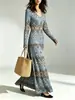 Vestido largo de corte A con estampado vintage, que ciñe la cintura y tiene mangas largas, adecuado para el uso diario, vacaciones y fiestas, vestido largo adelgazante
