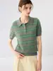 Suéter de cashmere listrado retrô com gola polo para mulheres, top de malha de manga curta, versátil, modelador e elegante camada base