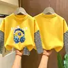 Camiseta de manga longa respirável de algodão puro para meninos, camada base para primavera e outono, novo visual estiloso de duas peças, top estampado versátil