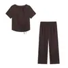 Conjunto de duas peças para mulheres plus size no verão: camiseta reta com cordão vazado e calça reta de cintura alta, conjunto emagrecedor 66220