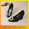 Sandália Anabela com Strass Feminina 2026 Outono Novo Solado Grosso Fosco Sapatos Femininos Salto Alto Feminino Bico Fino Preto
