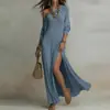 Verano 2026 Nuevo Ropa Femenina Transfronteriza Europea y Americana Elegante Holgado Hombros Descubiertos Abertura Color Sólido Vestido Largo