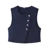 Outono Europeu e Americano Novo Conjunto Feminino de Linho com Colete de Gola Redonda Sem Mangas e Calça de Cintura Alta