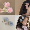 Super Fada Organza Malha Flor Grampo de Cabelo Rosa Doce Flor de Cabeça Atmosfera Pastoral Franja Coração de Menina Lateral