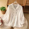 Camiseta casual de manga tres cuartos, holgada, talla extra, bordada vintage, con cuello en V, de encaje, para primavera y otoño, adelgazante, resistente