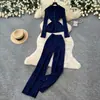Conjunto de duas peças para mulheres: top de tricô casual e calça pantalona, look de outono de alta qualidade com cintura marcada para o trabalho