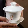 Porcelana Azul y Blanca Sancai Tazón Logo Personalizado Kung Fu Juego de Té Cerámica Tazón de Té Grabado Láser Dorado Personalizado Privado