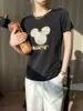 Camiseta de algodón mercerizado para mujer, estilo coreano, reductora de edad, manga corta, cuello redondo, estampada con Mickey, holgada, casual, para primavera y verano