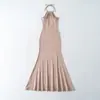 1621-26 Vestido Largo de Verano con Cuello Halter, Vestido Liso Ajustado Estilo Coreano