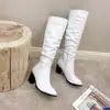 Botas de cuero de caña alta con punta fina para otoño e invierno, talla grande, botines Martin de tacón alto, suela de goma, antideslizantes, ligeras, versátiles, color liso