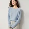 Suéter de cachemir 100% puro de cuello redondo estilo perezoso para mujer, manga larga, tejido de canalé holgado, capa base versátil