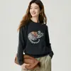 Suéter pullover de cachemir 100% puro para mujer con estampado animal de gatito, cuello redondo, corte holgado, capa base adelgazante