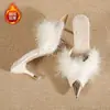 Medias Pantuflas Cerradas de Moda Estilo Coreano para Mujer, Nuevo Modelo Primavera 2025, Diseño Hueco, Tacón Fino, Forradas de Piel, Cálidos Zapatos de Tacón Alto Puntiagudos