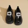 Mocasines de suela gruesa de primavera para mujer, estilo británico primavera/otoño 2026, tacón grueso de strass, zapatos de cuero negro, zapatos de plataforma para aumentar la altura