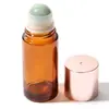 Botella dispensadora de aceite de ricino de vidrio ámbar de 50 ml, botella aplicadora roller de jade cristal rosa natural, botella aplicadora roller de cuarzo rosa