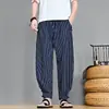 Pantalones de rayas para hombre estilo chino con cierre de botón, pantalones casuales para hombre, corte slim, pierna ancha holgada, verano A266-K58-P40