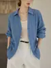 Panii tom azul conta manual Lyocell Tencel azul texturizado gola V feminina versátil top solto