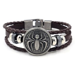Pulseira masculina de moda europeia e americana, bracelete retrô de couro trançado com escudo de aranha, venda rápida, desejo de fornecimento transfronteiriço