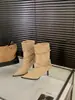 Botas de Tacón Alto de Gamuza de Punta Botas Slim de Media Caña de Pila para Mujer Primavera y Otoño 2025 Botas Cortas Francesas con Falda