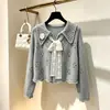 Cardigan de tricô elegante com acabamento em renda, amarração frontal e mangas compridas para mulheres, nova coleção de outono 2026, design simples, único e retrô
