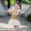 Vestido para Niña Estilo Chino Nuevo con Estampado Floral Verde, Vestido Qipao Modernizado, Elegante Vestido Infantil con Mangas Volantes y Falda Abullonada de Princesa