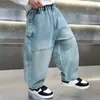 Jeans para Niños Primavera y Otoño 2026 Nuevos Pantalones de Otoño para Niños Pantalones Sueltos para Niños Pequeños Dobladillo Plegado Bolsillos con Etiqueta Jeans