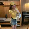 Conjunto de Dos Piezas de Verano con Top de Punto Bordado Femenino de Manga Corta con Cuello en V y Hombros Rayados