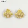 Me124 Personalidad Única Forma de Abanico Textura de Concha Latón Liso Perla Artificial Incrustada Pendientes Dorados y Plateados
